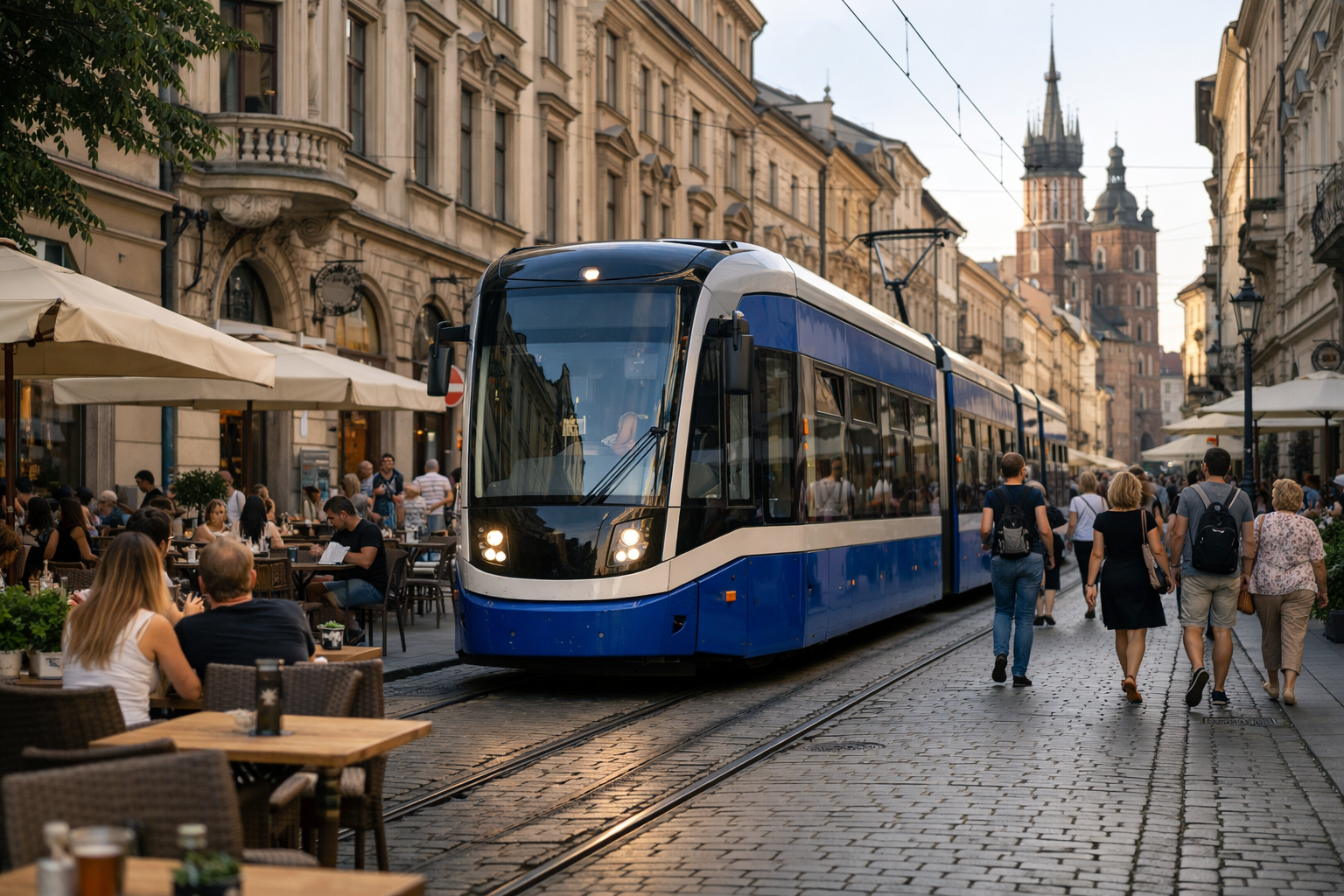 A tram passing through a lively street in Krakow