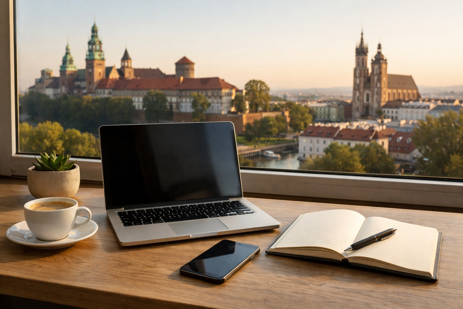 Travel writer’s desk overlooking Krakow