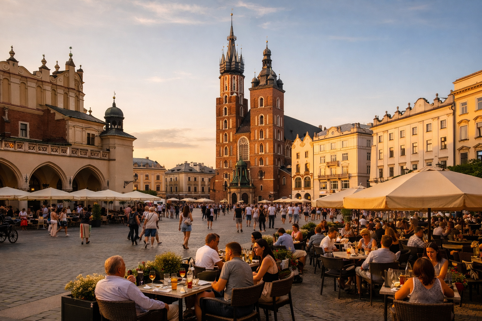 Krakow Main Market Square at golden hour