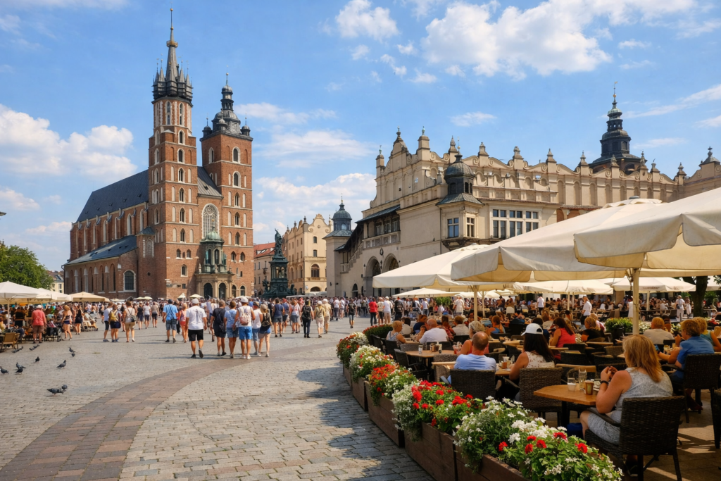 Krakow summer city scene with visitors outdoors