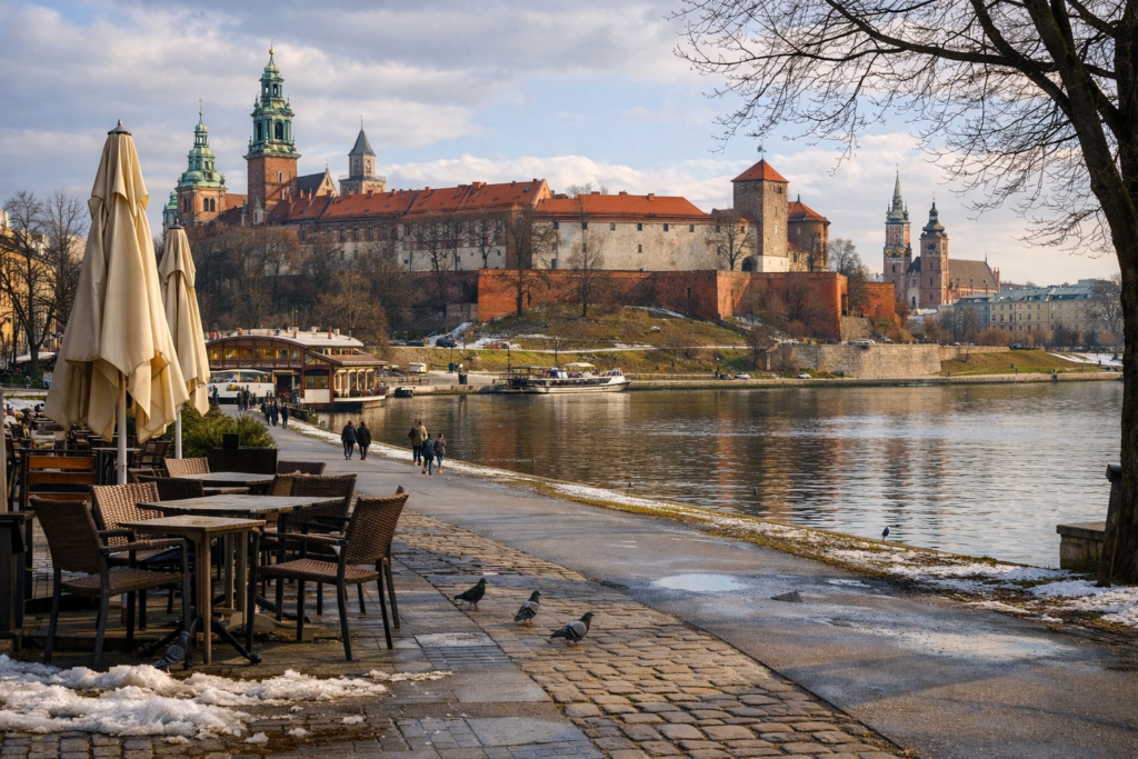 Krakow in March with historic streets and early spring light