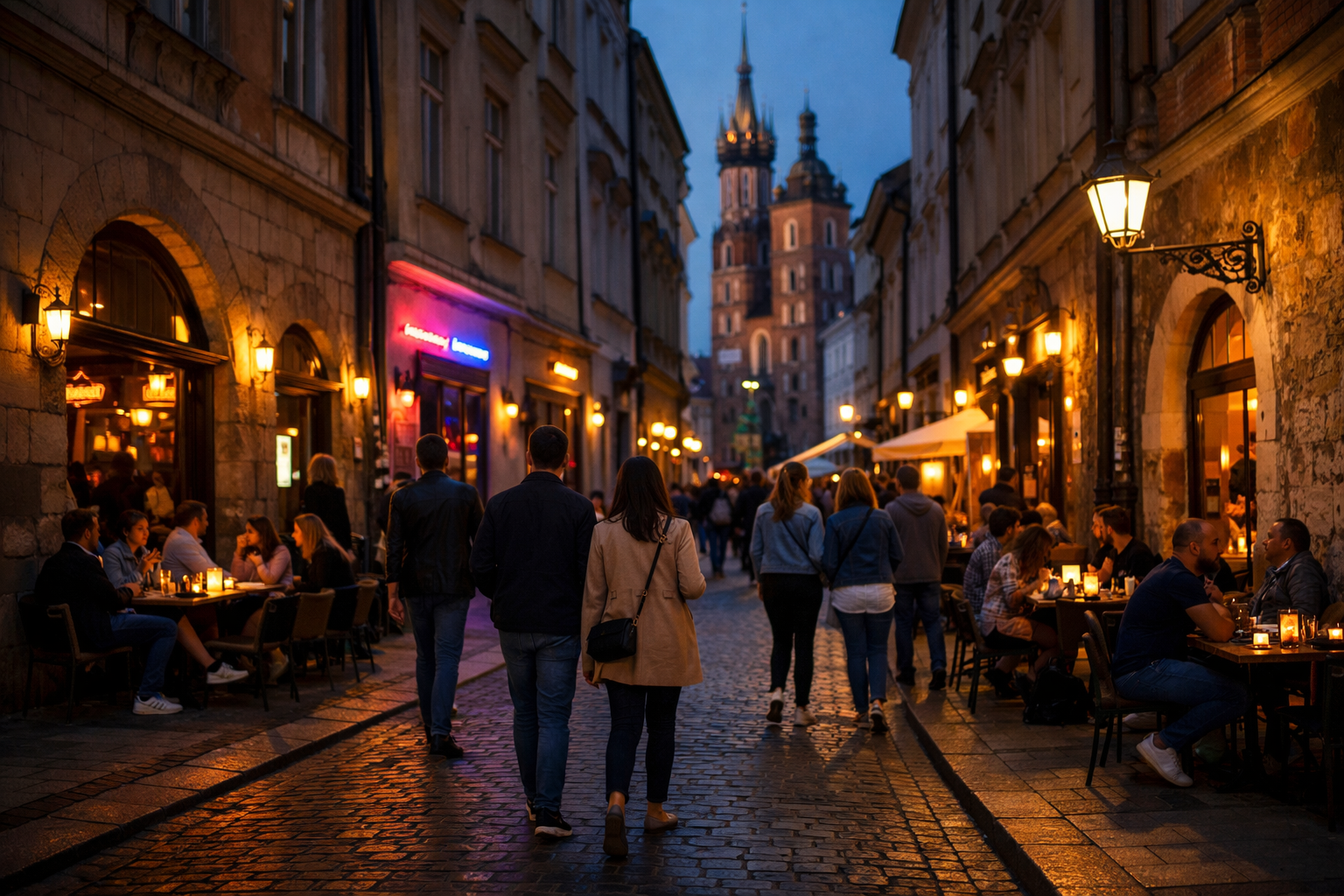 Evening nightlife on a historic street in Krakow