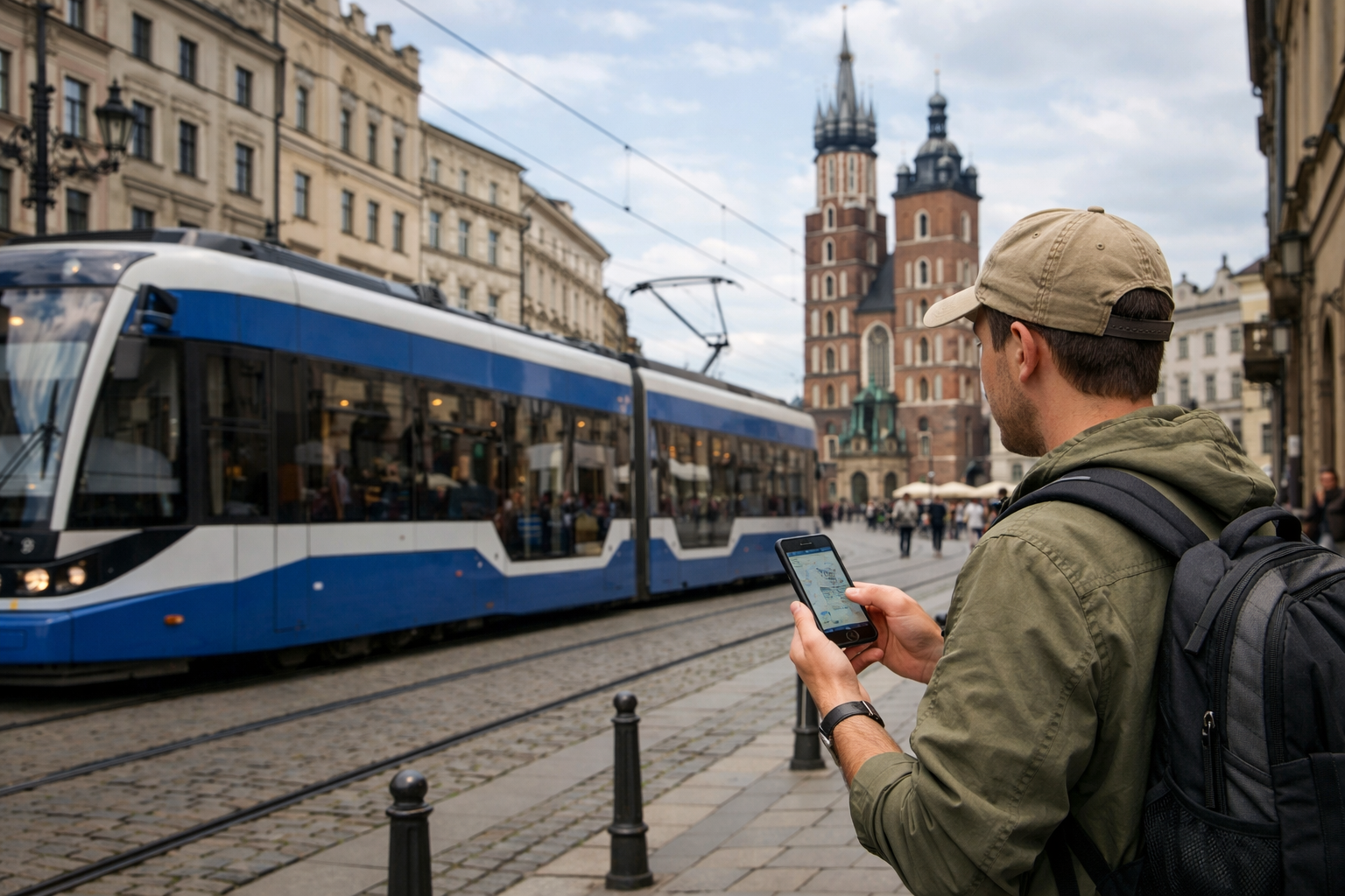 Visitor using a smartphone near a tram in Krakow
