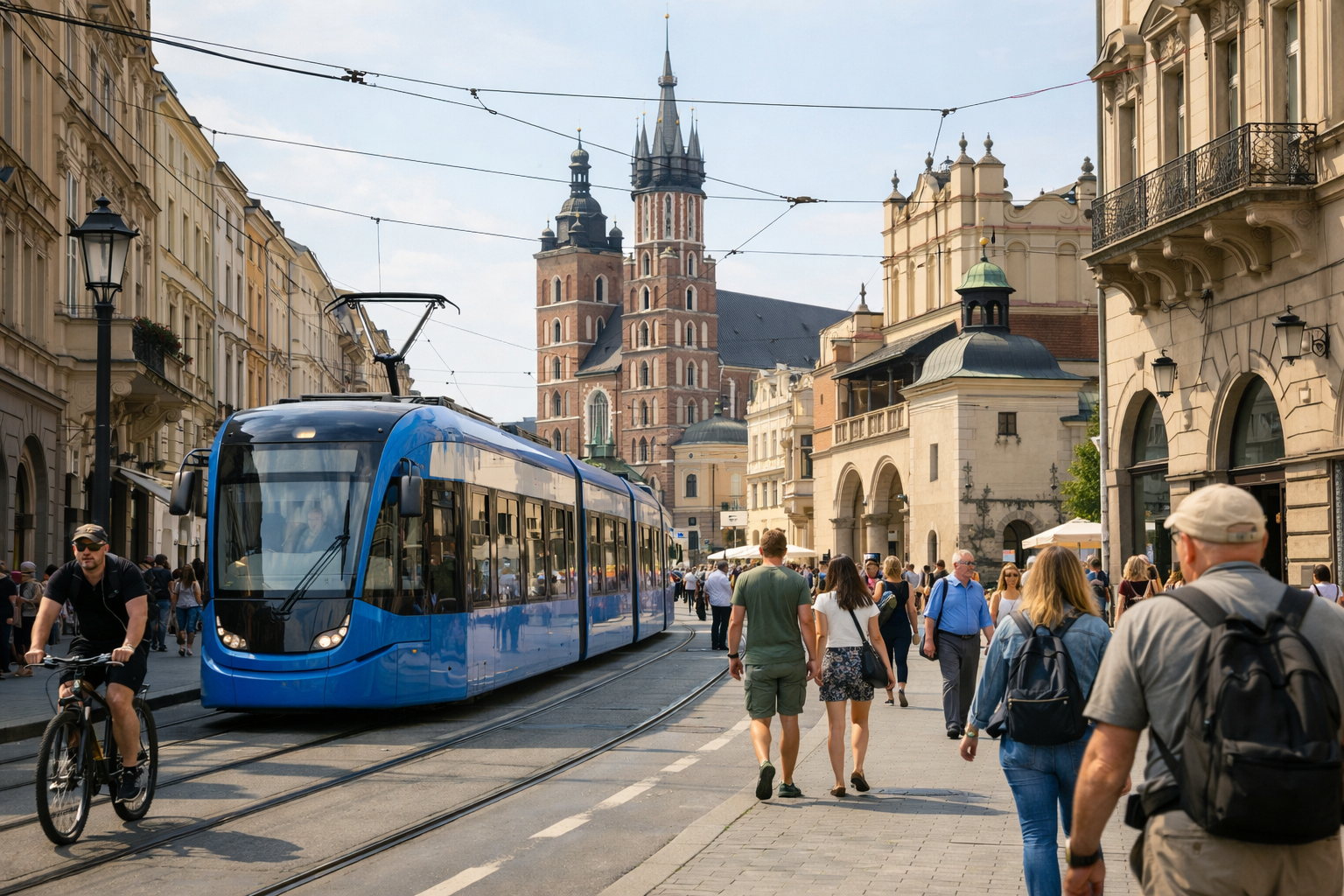 A modern tram travelling through central Krakow